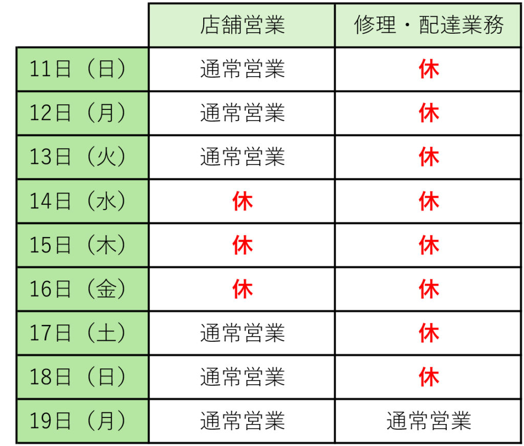 営業日表